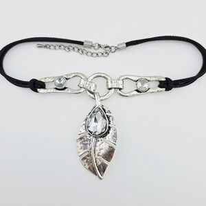 AVALAYA Leaf Pendent Necklace Statement Crystal 2 Strand Cord Silver Tone 20"